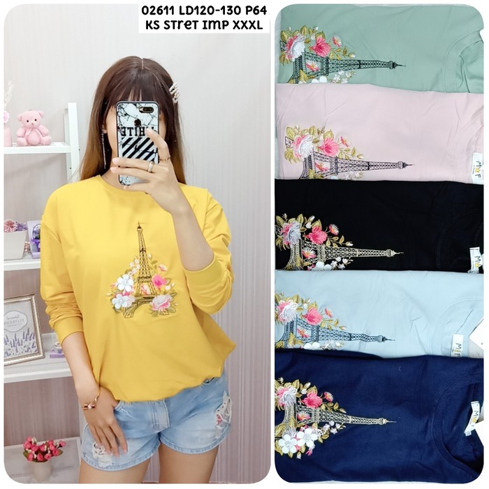 02611 Kaos Wanita Paris2 bunga bordir Jumbo xxxl Kaos stretch