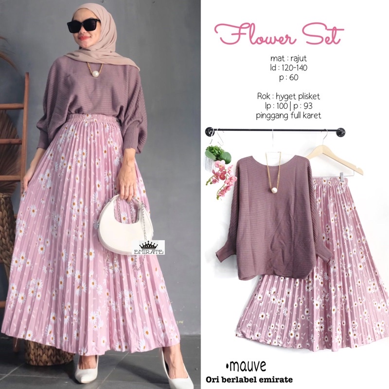 Setelan Rok Plisket Wanita Motif Bunga Flower Set Dan Lolita Set Bahan Rajut Kombinasi Plisket