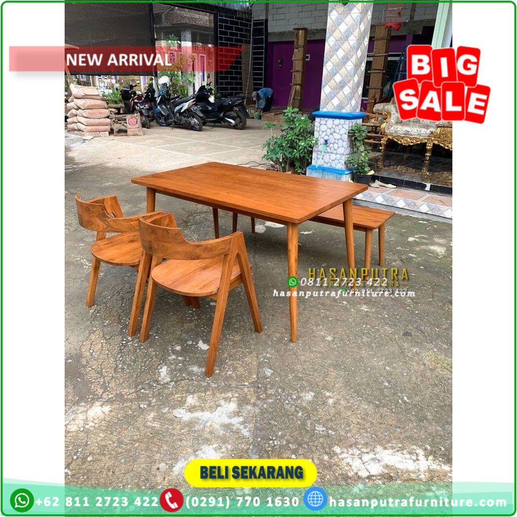 Meja Makan Jati Kursi 2+Bangku, Set Kursi Meja Makan Jati tua, Meja Makan Retro Minimalis