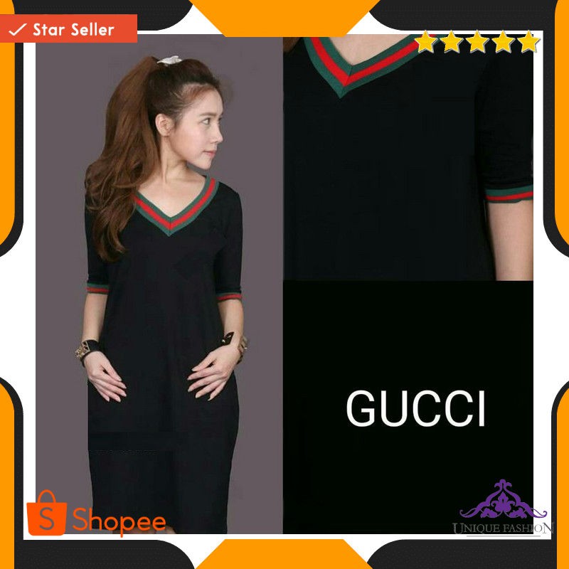 Dress Guci V Black Ro Dress Wanita Babyterry Hitam