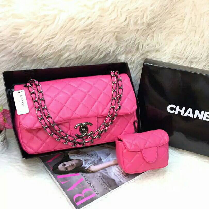 Terbatas Tas Wanita Branded Chanel Maxi Mom Kids Black Nickel Warna Pink Fanta