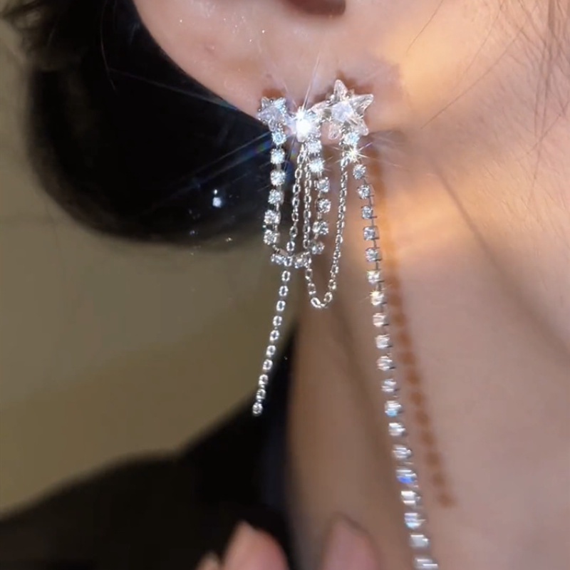 Anting Rumbai Panjang Desain Bintang Bahan Silver Needle Zirkon Untuk Wanita