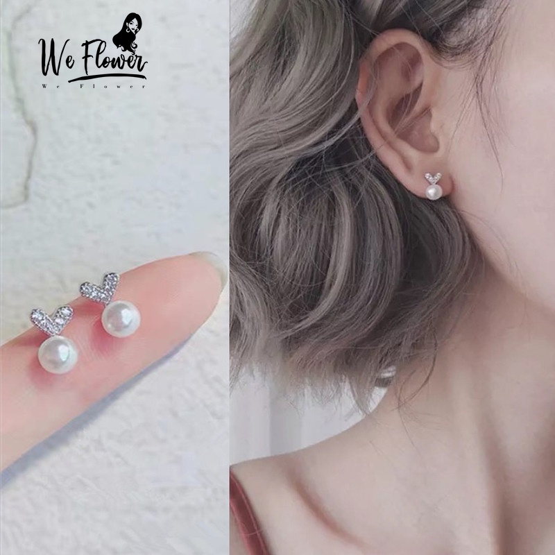 We Flower Anting Stud Kristal Mutiara Bentuk Hati Bahan S925 Silver Untuk Wanita