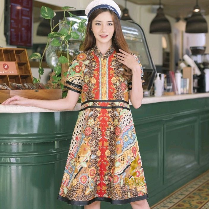 Mika Dress Lengan Pendek Original Batik Wanita Prabuseno Bahan Katun Printing Premium Halus Adem Lap