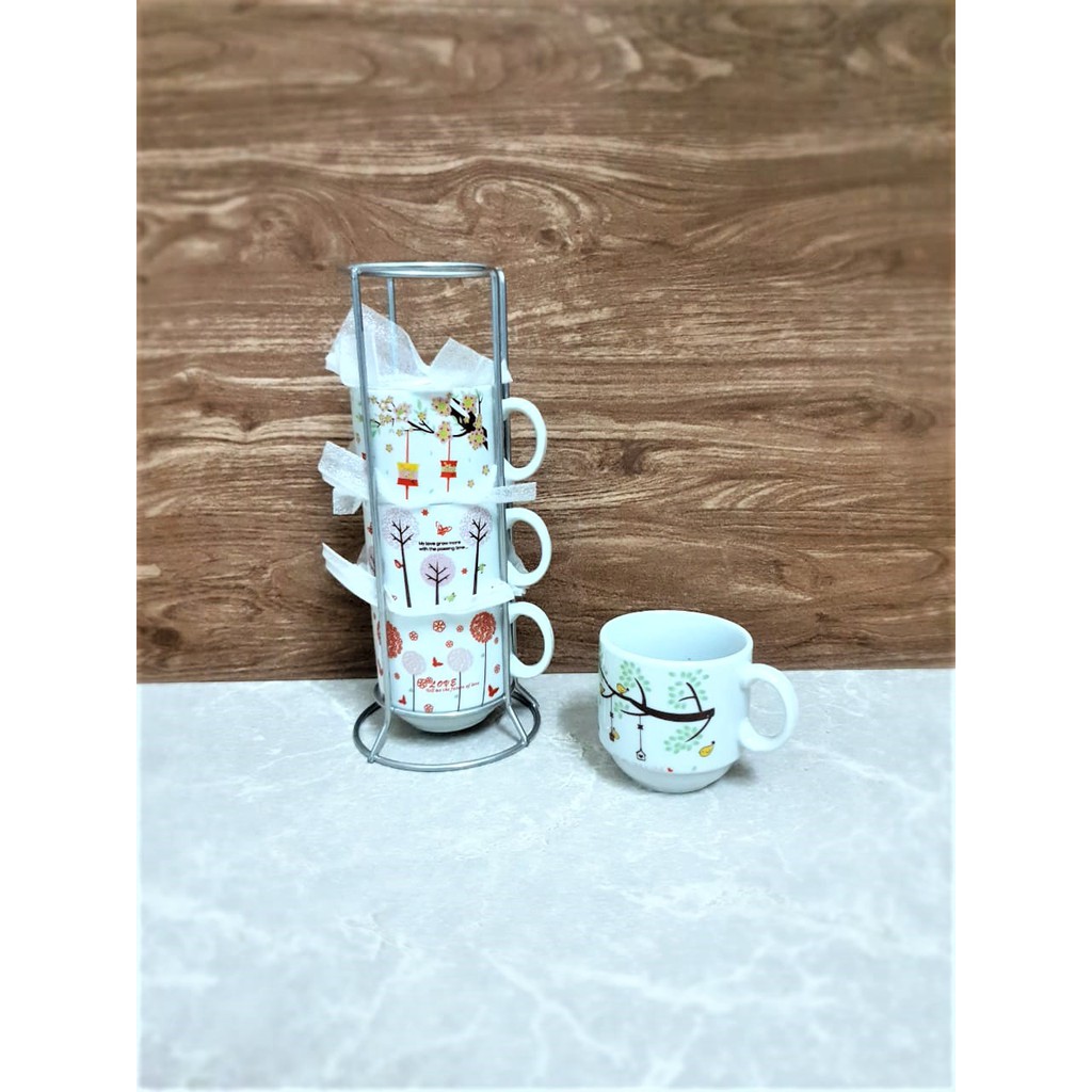 BABEE MUG KERAMIK SET 4 SUSUN SIZE S / CANGKIR GELAS 4 SUSUN BANYAK MOTIF / MUG TEH KOPI / KADO UNIK-Pohon