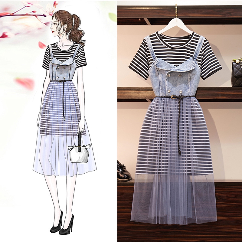 Set 2pcs Kaos  T shirt Wanita  Model  Stitching Lengan Pendek 