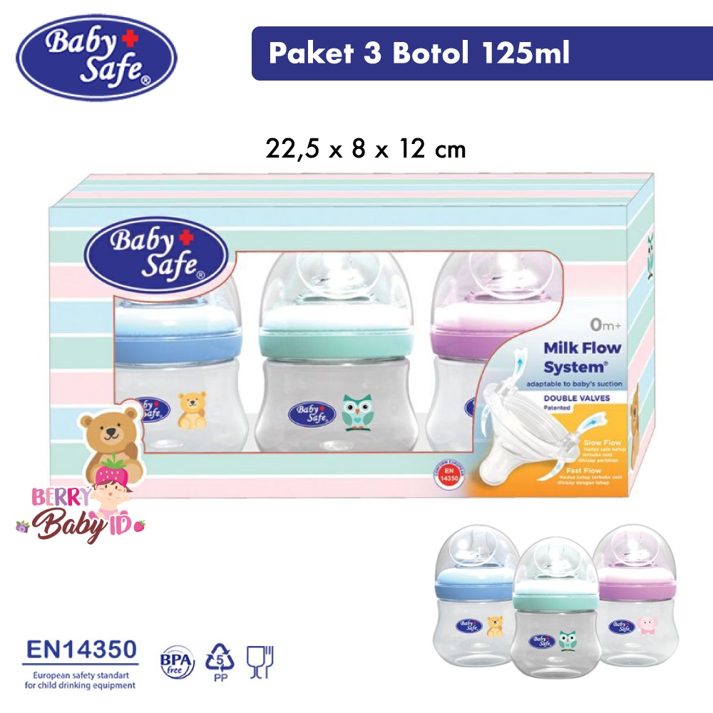 Baby Safe Bottle Set 3pc Botol Susu Bayi Wide Neck 125ml 250ml 0m+ 3m+ Berry Mart