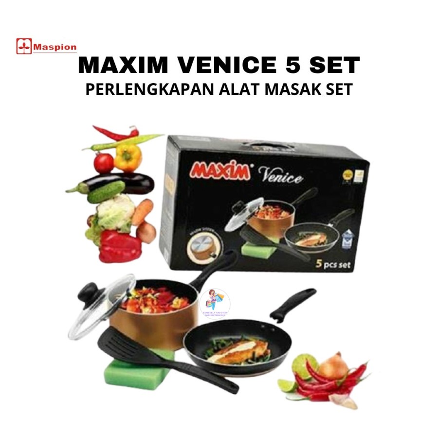 MAXIM Venice SET 5 (Panci + Tutup Kaca + Wajan + Spatula + Sponge)