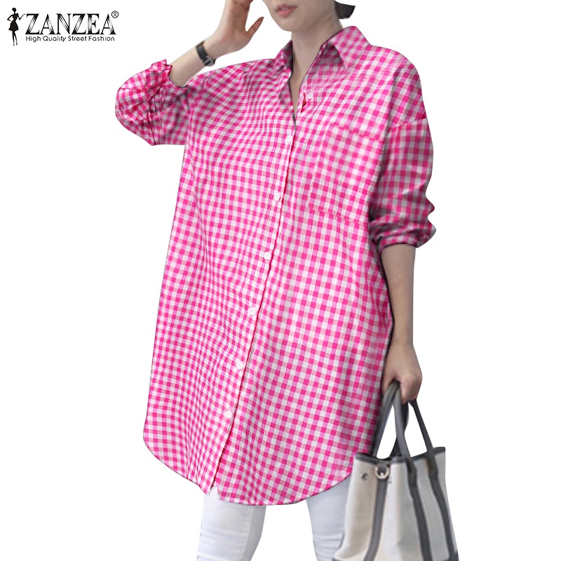 ZANZEA Women Casual Fashion Full Sleeve Turn-Down-Collar Plaid Color Print Long Blouse