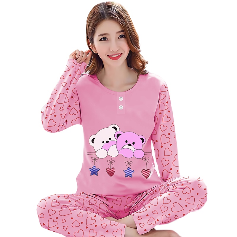 Lilipop.id  Baju Tidur Wanita Twin Bear Celana Panjang PP Allsize Lengan Panjang Baby Doll Bahan Kaos Dewasa