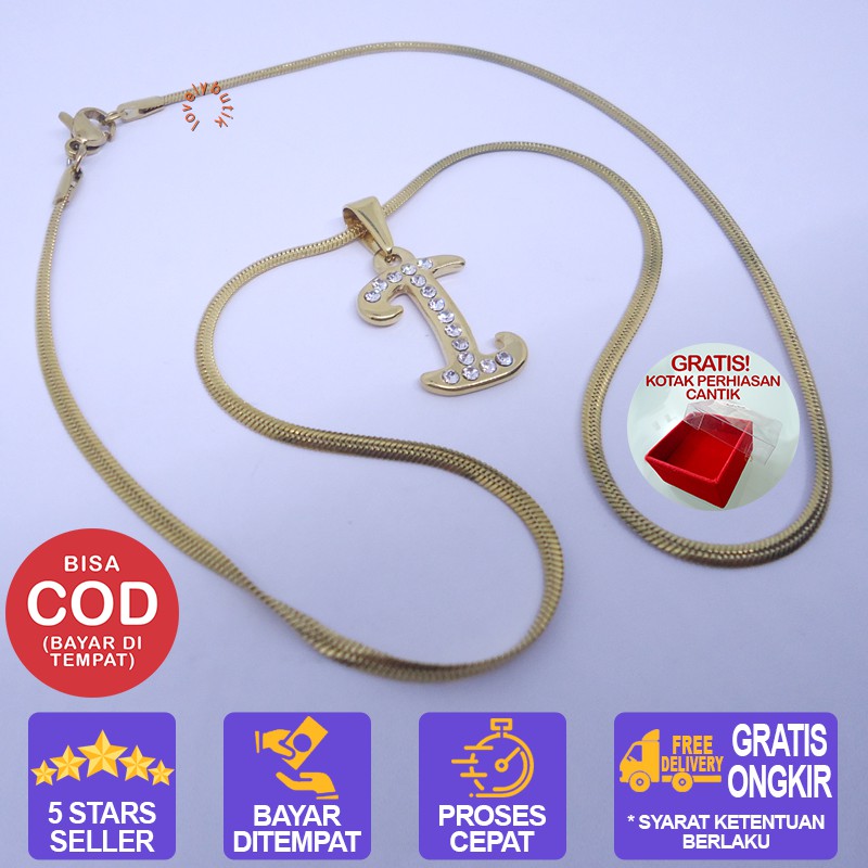 Lovelybutik Honey Kalung Huruf Titanium Anti Karat Inisial I Uk 45 cm BONUS KOTAK PERHIASAN