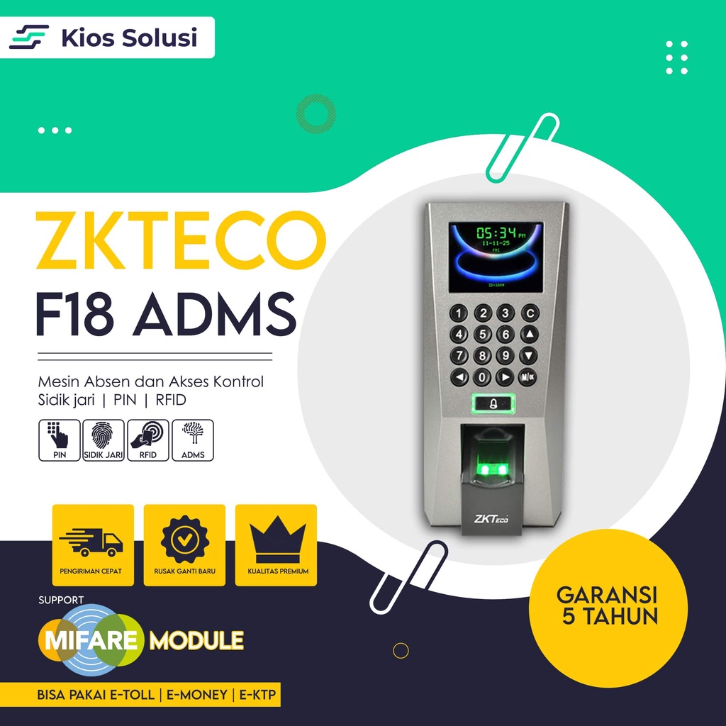 Mesin Absen dan Akses Kontrol ZKTECO F18 MIFARE | Mesin Absensi Sidik Jari | PIN | KARTU RFID MIFARE 13.56 MHZ | ADMS | Fingerprint