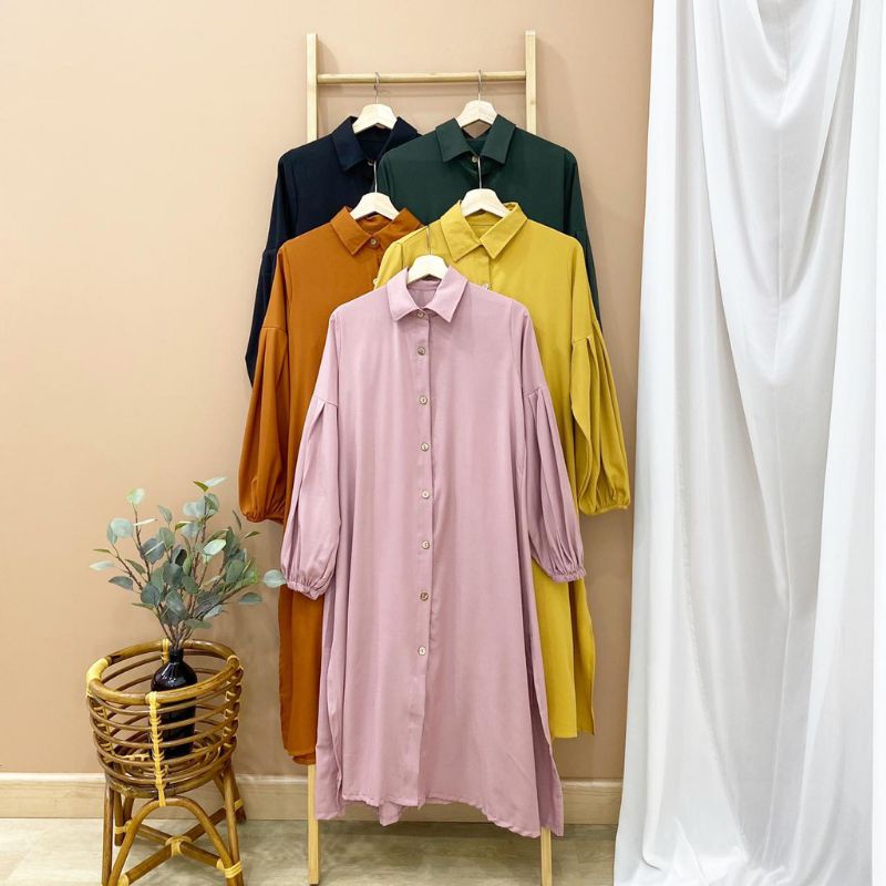 Baju Long Dress Kemeja Tunik Wanita Lengan Balon Terbaru  2021 Muslim Remaja