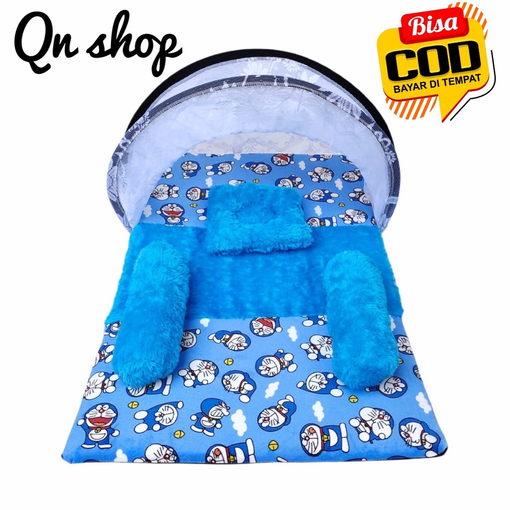 PROMO!!!KASUR BAYI KELAMBU MOTIF DORAEMON BAHAN BULU PRINTING SATU SET LENGKAP BANTAL GULING / KASUR BAYI MATRAS / KASUR BAYI TERMURAH