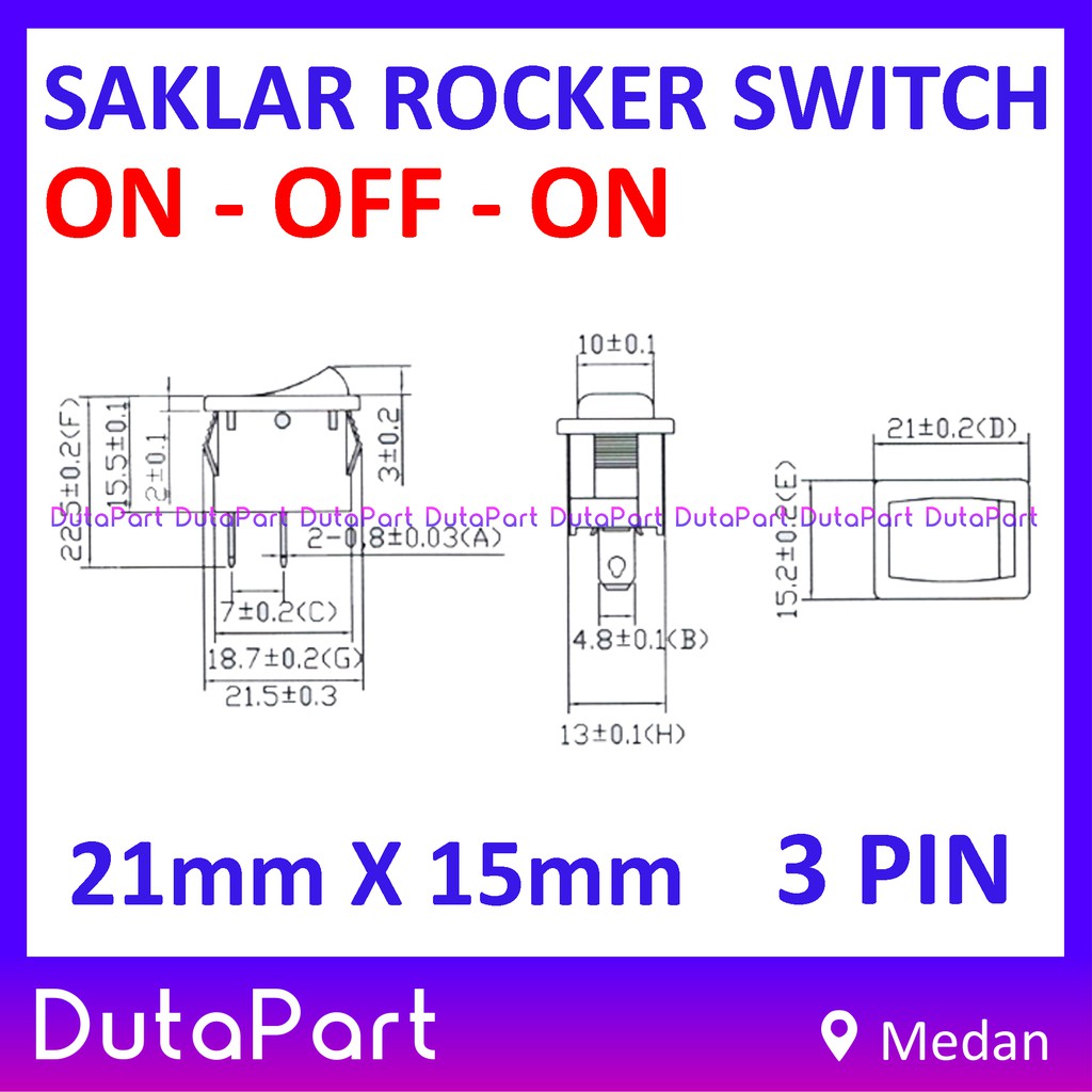 Saklar Power Rocker Switch ON OFF ON 21mm x 15mm 3 PIN Kaki 6A 250VAC