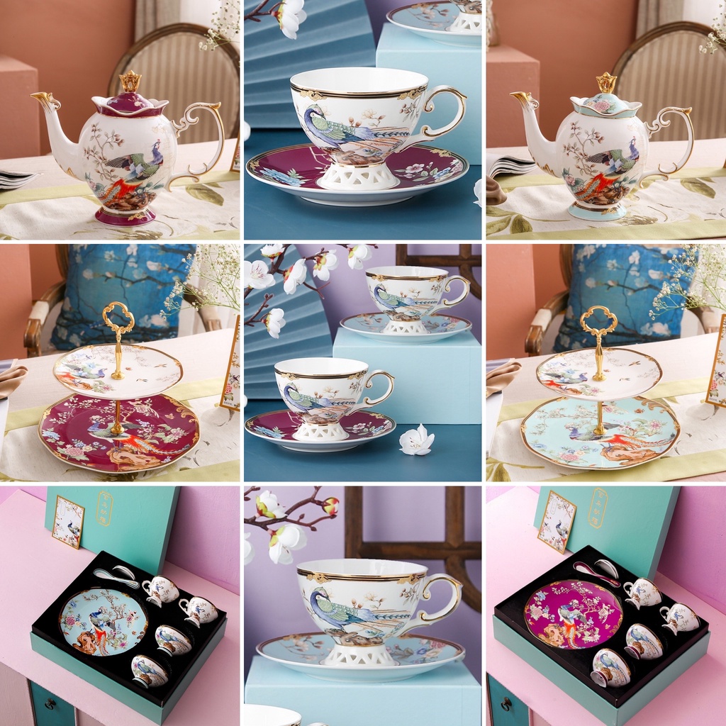 {Royal Chinese} Piring 2 Tingkat / Teko/ Set Cangkir/ Dining Set Mewah Bahan Keramik Kopi Teh/ Luxur