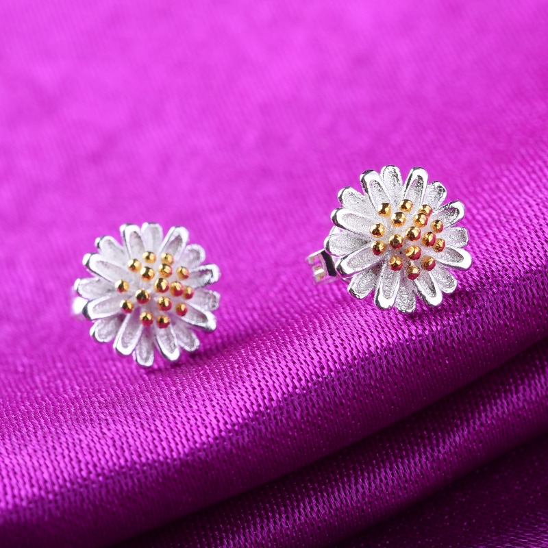 Anting Stud Desain Bunga Matahari Daisy Krisan Bahan S925 Sterling Silver Untuk Perempuan