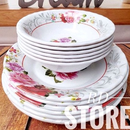 PROMO 12.PCS ISI 6.PIRING DAN 6.MANGKOK MOTIF ROSE BAHAN MELAMINE WARE TEBAL DAN KUAT