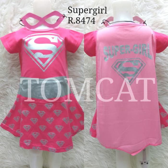 Dress Kostum Supergirl Anak Cewek Karakter Superhero Pink II Silver Baju Perempuan