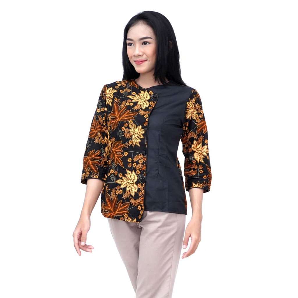 Atasan Batik Wanita Blouse Motif Daun Kombinasi Katun Hitam Batik Dua Putri Colection Size S s/d 5L