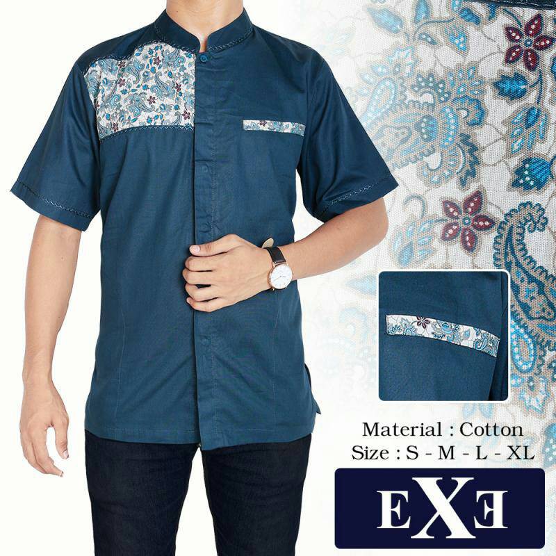 Kemeja / Baju Koko Muslim eXe Pria - Hijau Kombinasi Batik