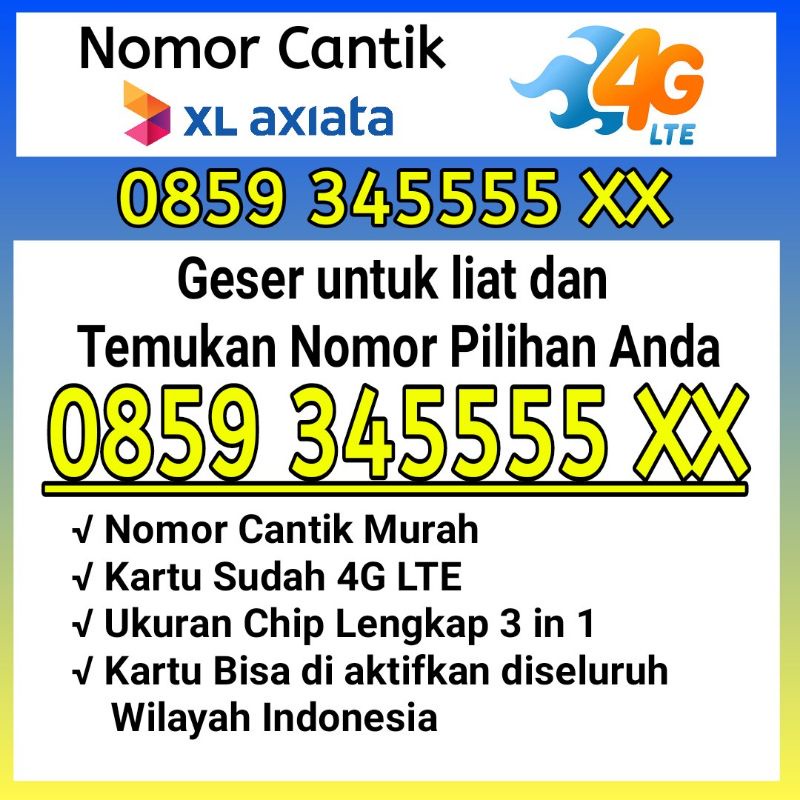 Nomor Cantik XL 4G LTE Kwarted Murah  NO CANTIK XL 345555  Nomor Cantik XL 345555