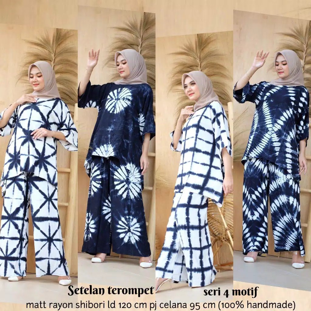 Setelan Terompet Shibori Batik Tie Dye Hitam Oneset Daily Homewear Kekinian Hits Gaul Rayon