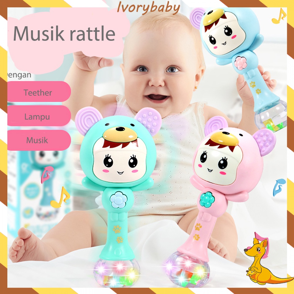 Ivorybaby Mainan anak bayi musik dan lampu rattle bayi stick dengan teether