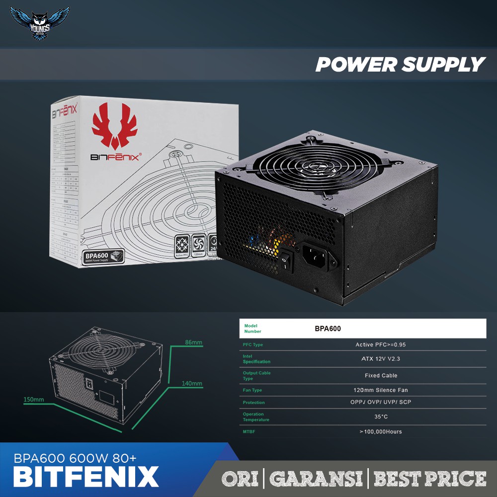 BITFENIX BPA600 600W 80+ ACTIVE PFC GARANSI 3 TAHUN PSU POWER SUPPLY