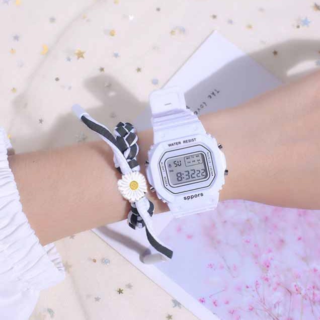 Jam Tangan Strap Rubber Untuk Wanita/Jam Tangan Wanita Fashion Korea Style Digital Sport-white + hand strap