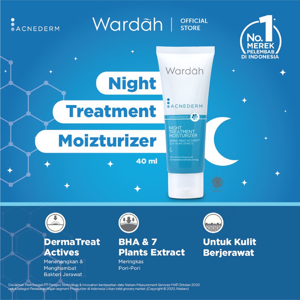 Wardah Acnederm Night Treatment Moisturizer 40 ml - Pelembab Wajah Berjerawat dengan BHA  - BISA COD