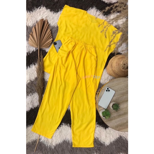 BAJU TIDUR ONE SET POLOS YELLOW / SETCEL RAYON SLEEPWEAR / PIYAMA LEKBONG WANITA SATU STEL CELANA PA