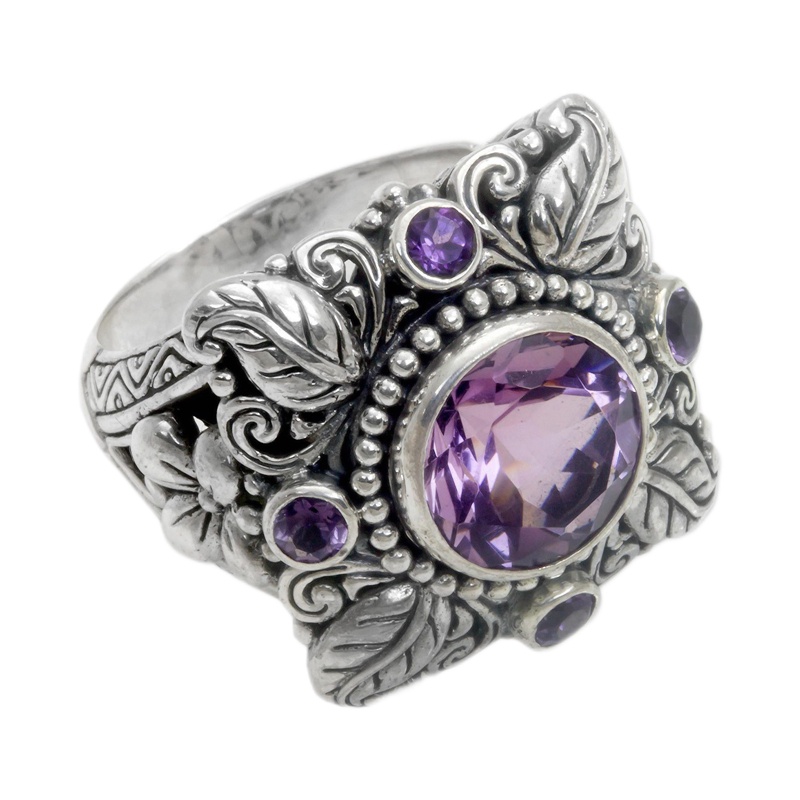 Cincin Meditasi Desain Bunga Amethyst Warna Silver