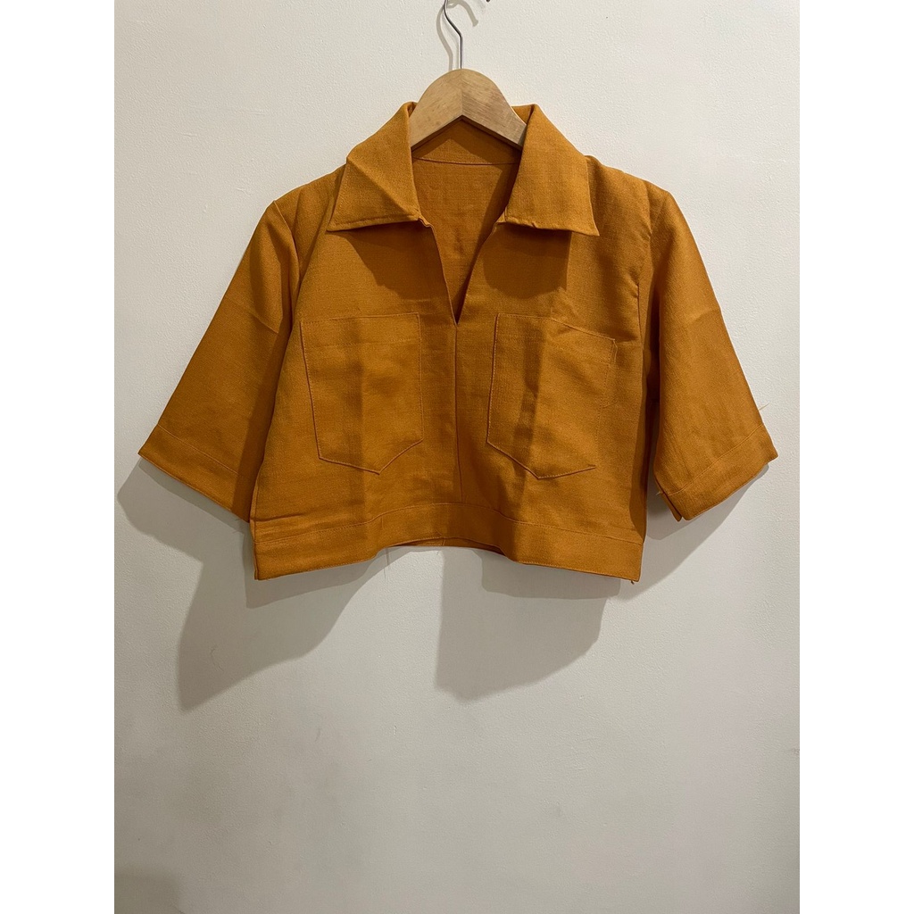 Toply shop  Blouse wanita Crop Linen pocket / Pakaian wanita