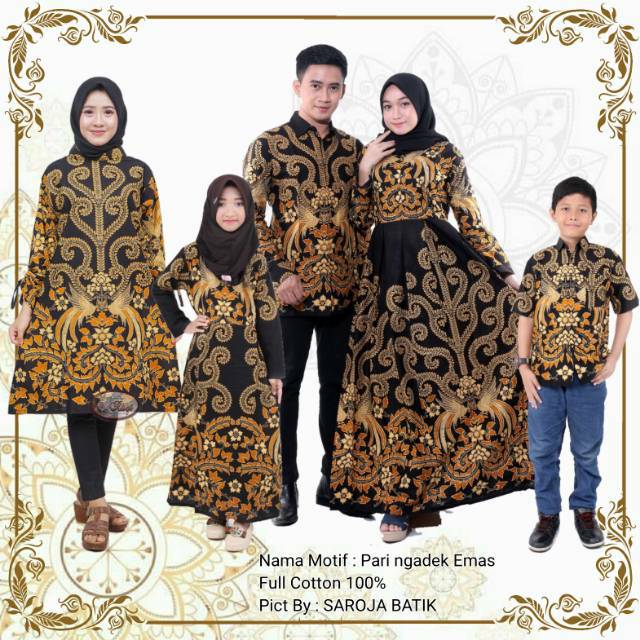 Saroja (079) Couple Keluarga Batik Gamis Batik Katun Premium Motif Padimas Pari Ngadek Emas