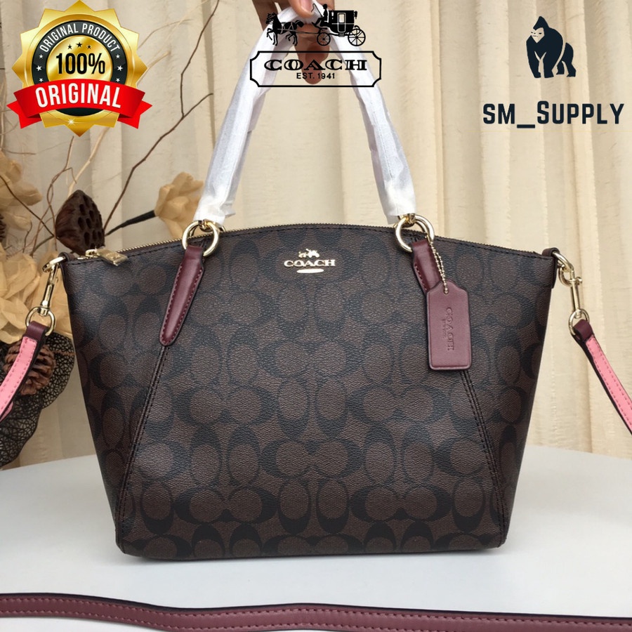 TAS COACH SMALLL KELSEY SIGNATURE SADDLE ORIGINAL DARK BROWN PINK HAND