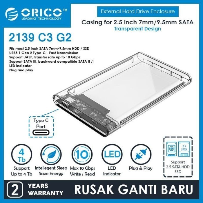 ORICO 2139C3-G2 2.5in Transparent Type-C 3.1 Gen2 HardDrive Enclosure