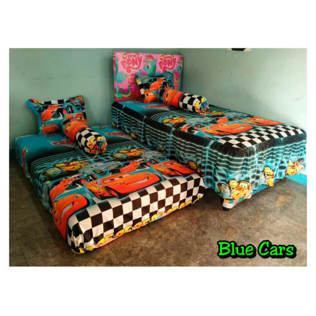 Sprei Springbed sorong rumbai Katun Anak Motif Blue Cars