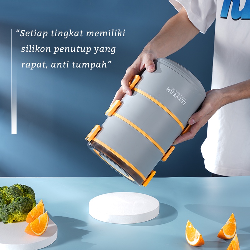 Letyeah &amp; Anantagt kotak makan bulat plastik 3 susun 2200ml portable/lunch box set anti tumpah tetap hangat Free sendok