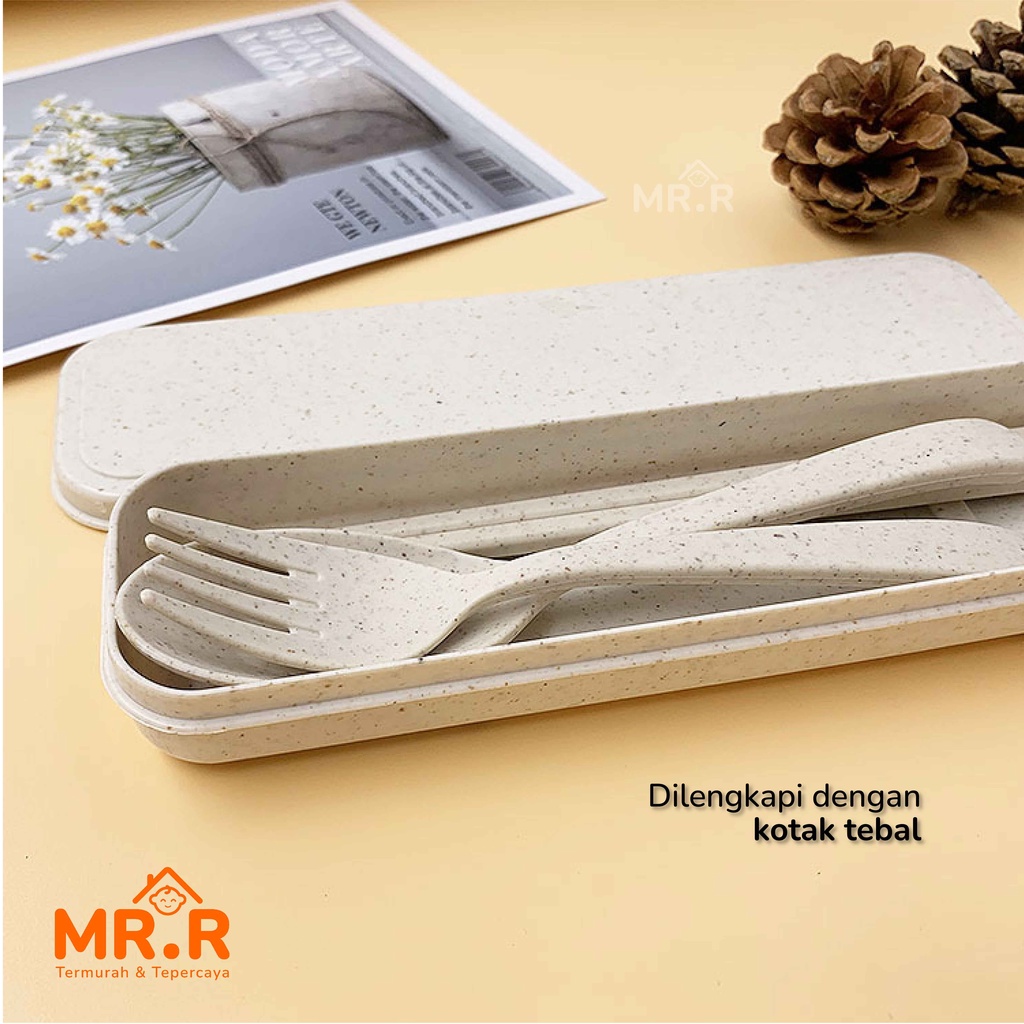 1 Set Alat Makan Sendok Garpu Sumpit + Box Plastik Jerami Wheat Straw Portable Travel Cutlery