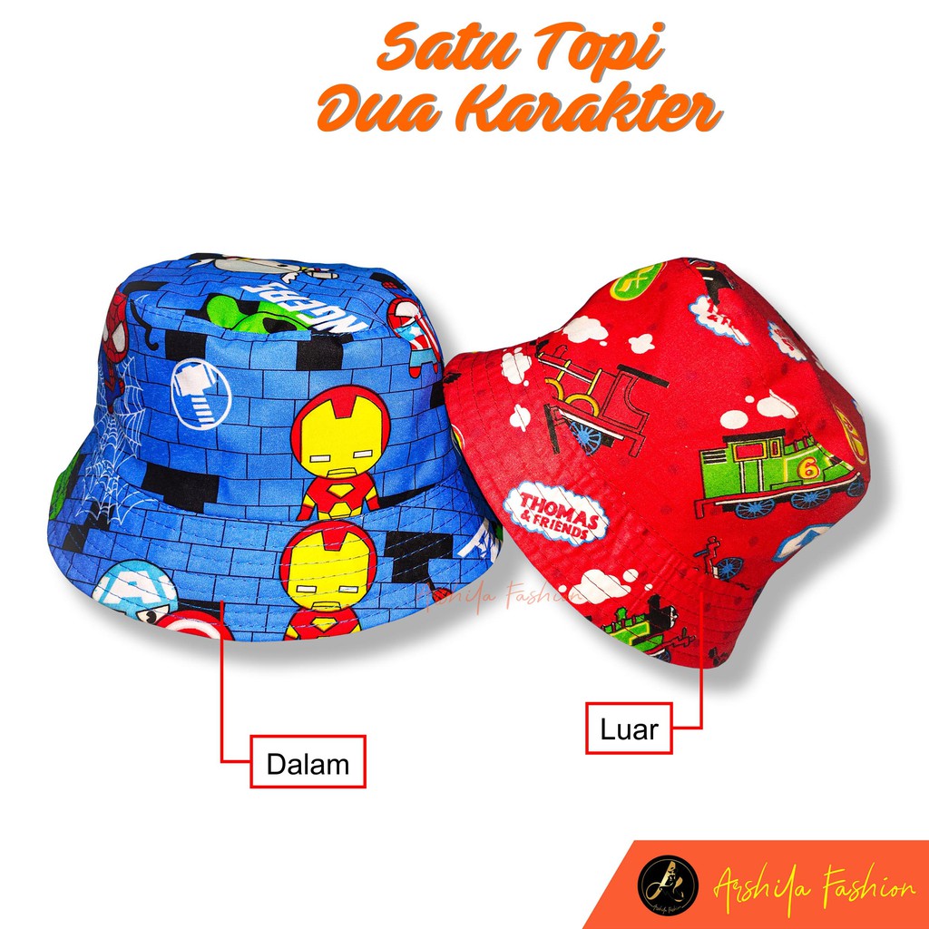 Topi Bucket Anak Karakter Bolak Balik /Topi Anak Karakter 2-10 Tahun/ Bucket Anak