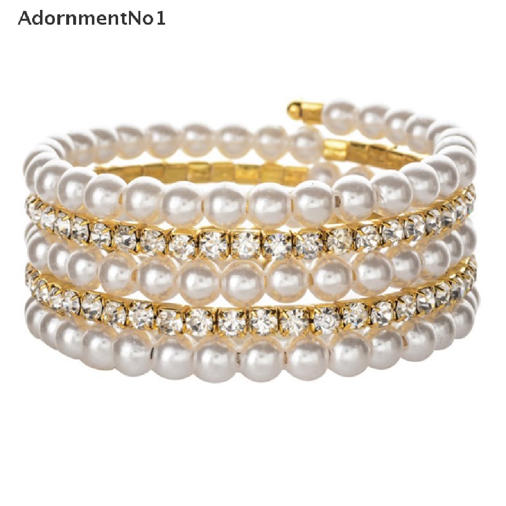 (AdornmentNo1) Gelang Tangan Multilayer Adjust Aksen Mutiara + Berlian Imitasi Untuk Perhiasan Wanita