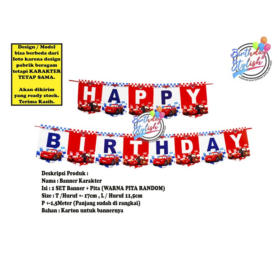 Banner Karakter Cars McQueen Ultah/ Bunting Flag Ultah Cars/ Banner Ultah Cars McQueen Karton