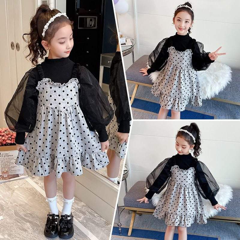 Setelan Dress Polkadot Gray Puff Girls