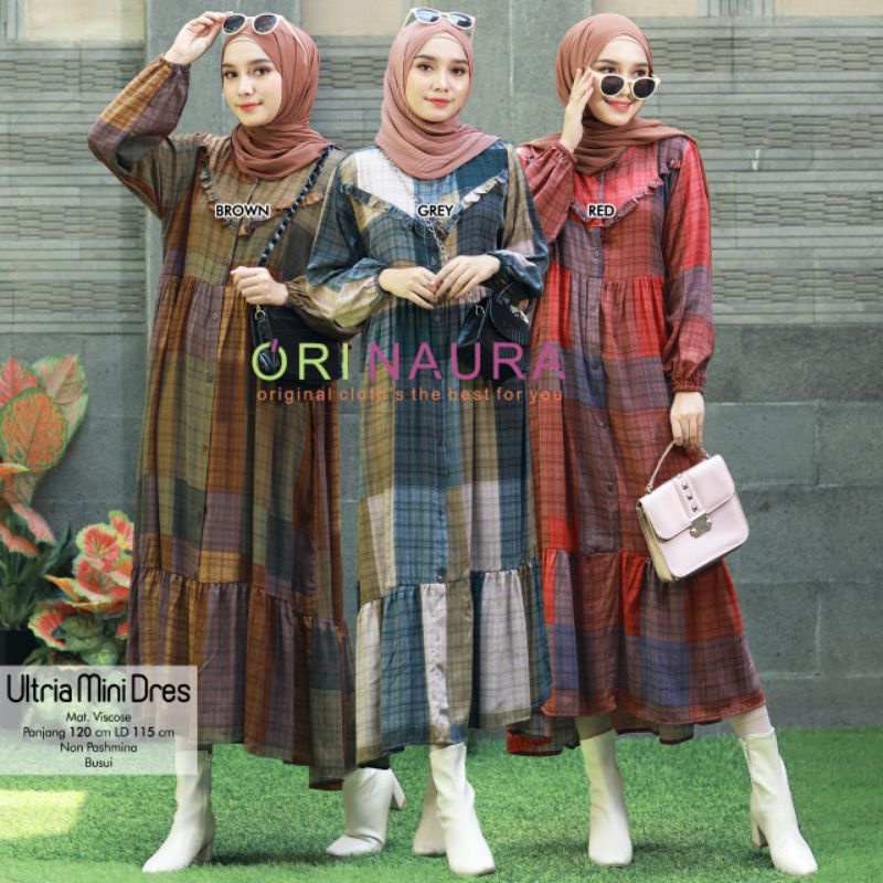 ULTRIA MINI MIDI DRESS GAMIS MUSLIM BY ORI NAURA SPORTY DRESS WANITA MURAH MOTIF KOTAK BAHAN RAYON