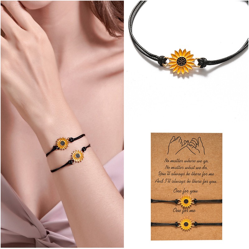 2 Pcs Gelang tali persahabatan anyaman krisan bunga matahari fashion wanita Korea pria couple bracelet daisy hitam