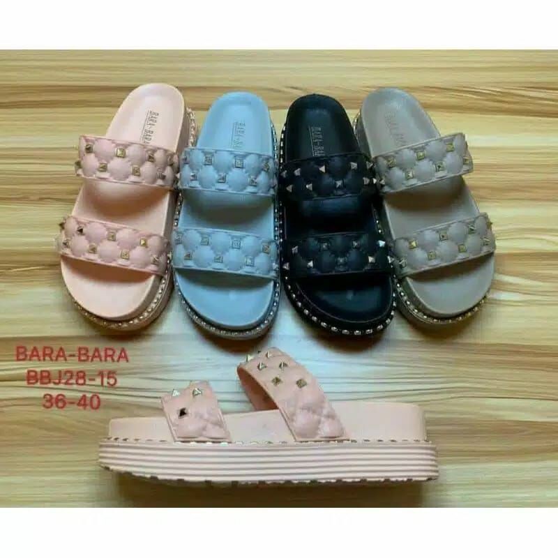 SANDAL WEDGES WANITA STRIP 2 MOTIF DURI / BARA-BARA BBJ28-15