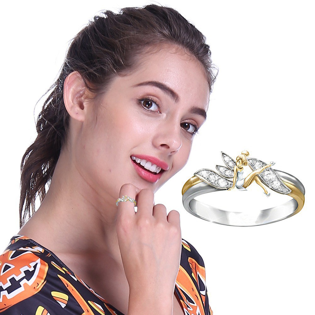 Cincin Malaikat Peri Yang Lucu Fashion Wanita Cincin Pertunangan Peri Bunga Dua Warna