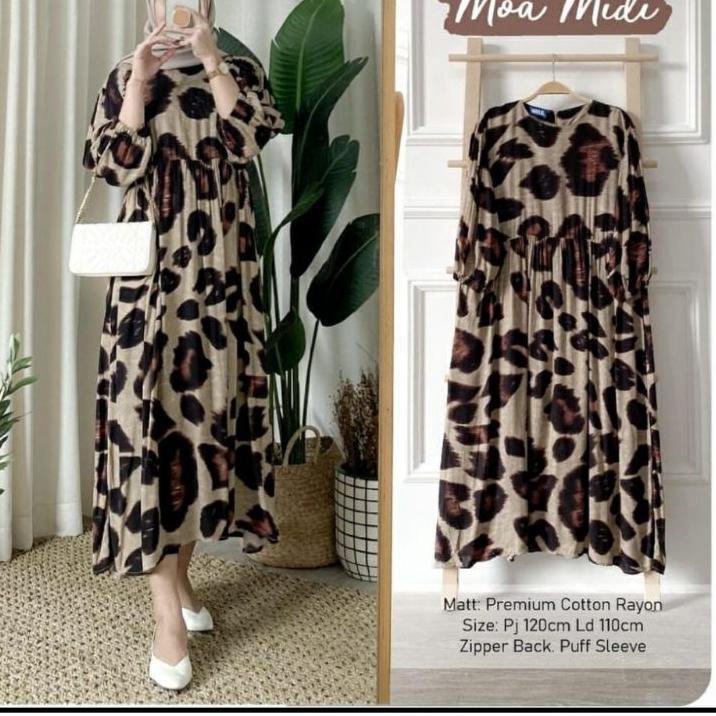 Terbaru.. MOA MIDI DRESS RAYON MOTIF LEOPARD MACAN LONG TUNIK VIRAL KEKINIAN BAJU REMAJA DAILY OUTFI