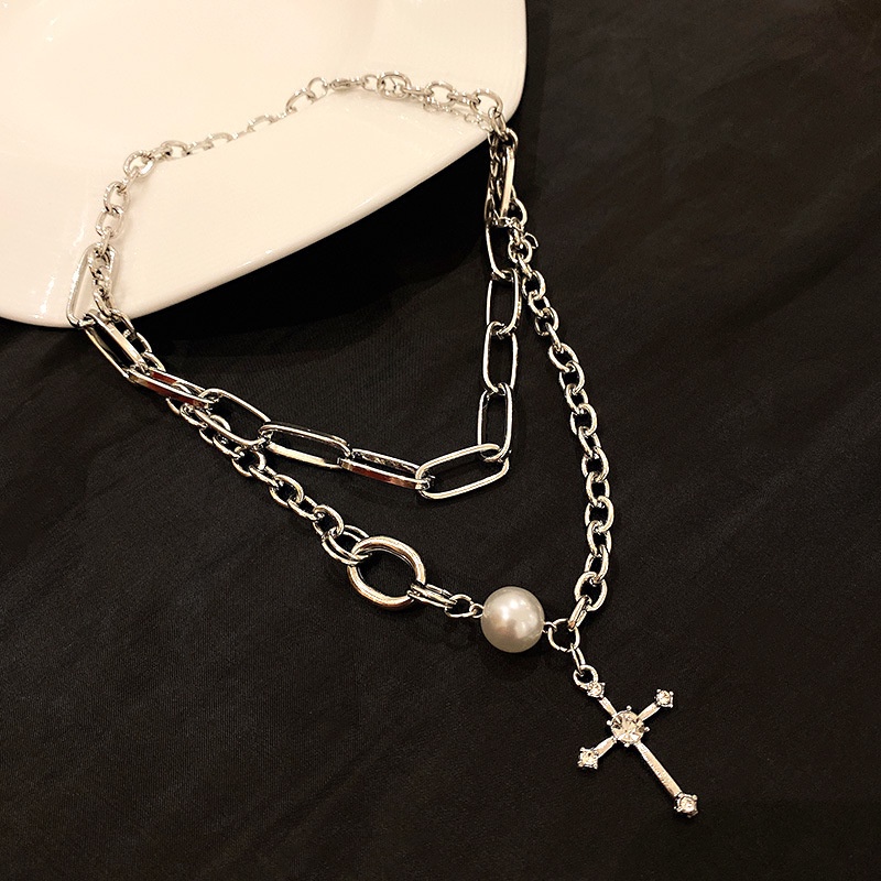Kalung Rantai Klavikula Ganda Aksen Mutiara Berlian Imitasi Bahan Logam Gaya Punk Untuk Aksesoris